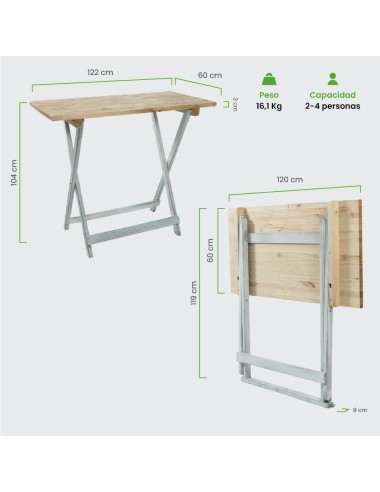 Mesa velador de madera plegable rústica 120x60