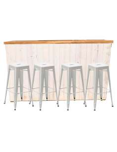Pack de Mostrador Madera plegable más cuatro Taburetes alto de acero lacado en blanco solycarpa.