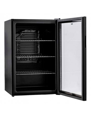 Frigorífico elétrico de 80 L com porta de vidro.