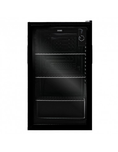 Frigorífico elétrico de 80 L com porta de vidro.