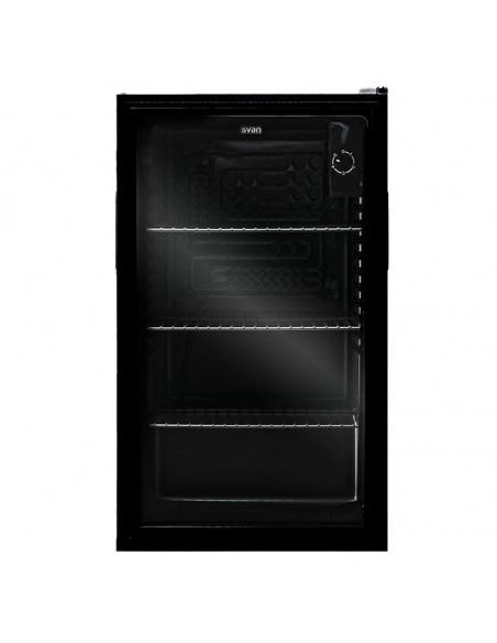 Frigorífico elétrico de 80 L com porta de vidro.