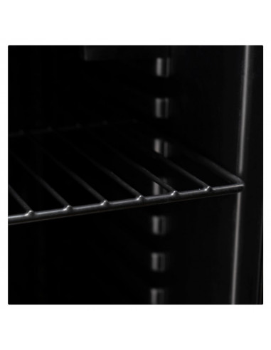 Frigorífico elétrico de 80 L com porta de vidro.